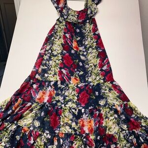 Mlle Gabrielle Navy Floral Maxi Dress with Red & Green Blooms
